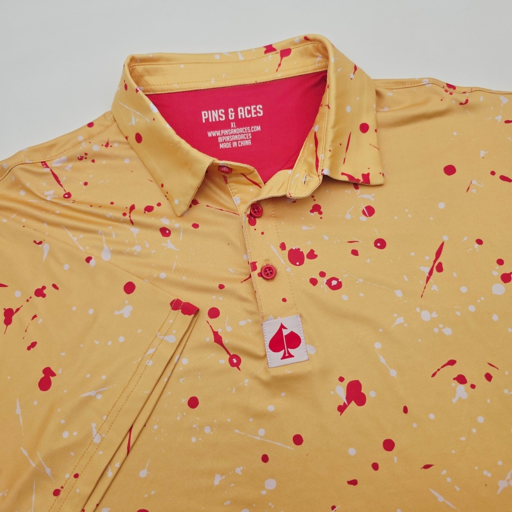 Pins & Aces Mens XL Golf Polo Shirt Yellow Red Paint Splatter AOP Short Sleeve